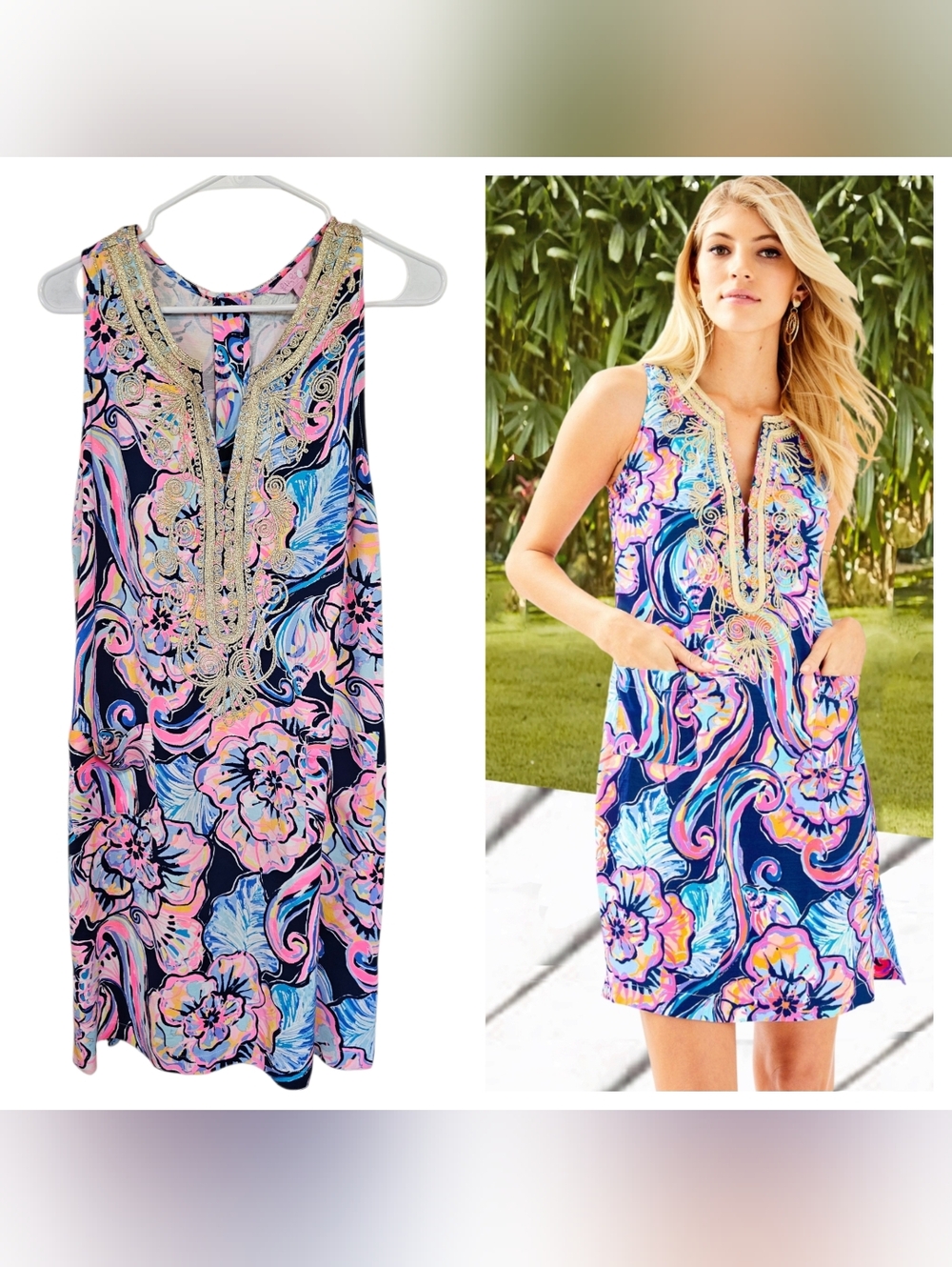 Lilly Pulitzer Carlotta Nauti Bateau Gold Cording Sleeveless Pockets Mini Dress